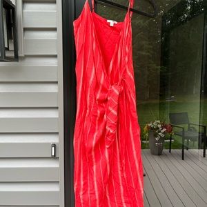 Red wrap dress with white stripe detailing
